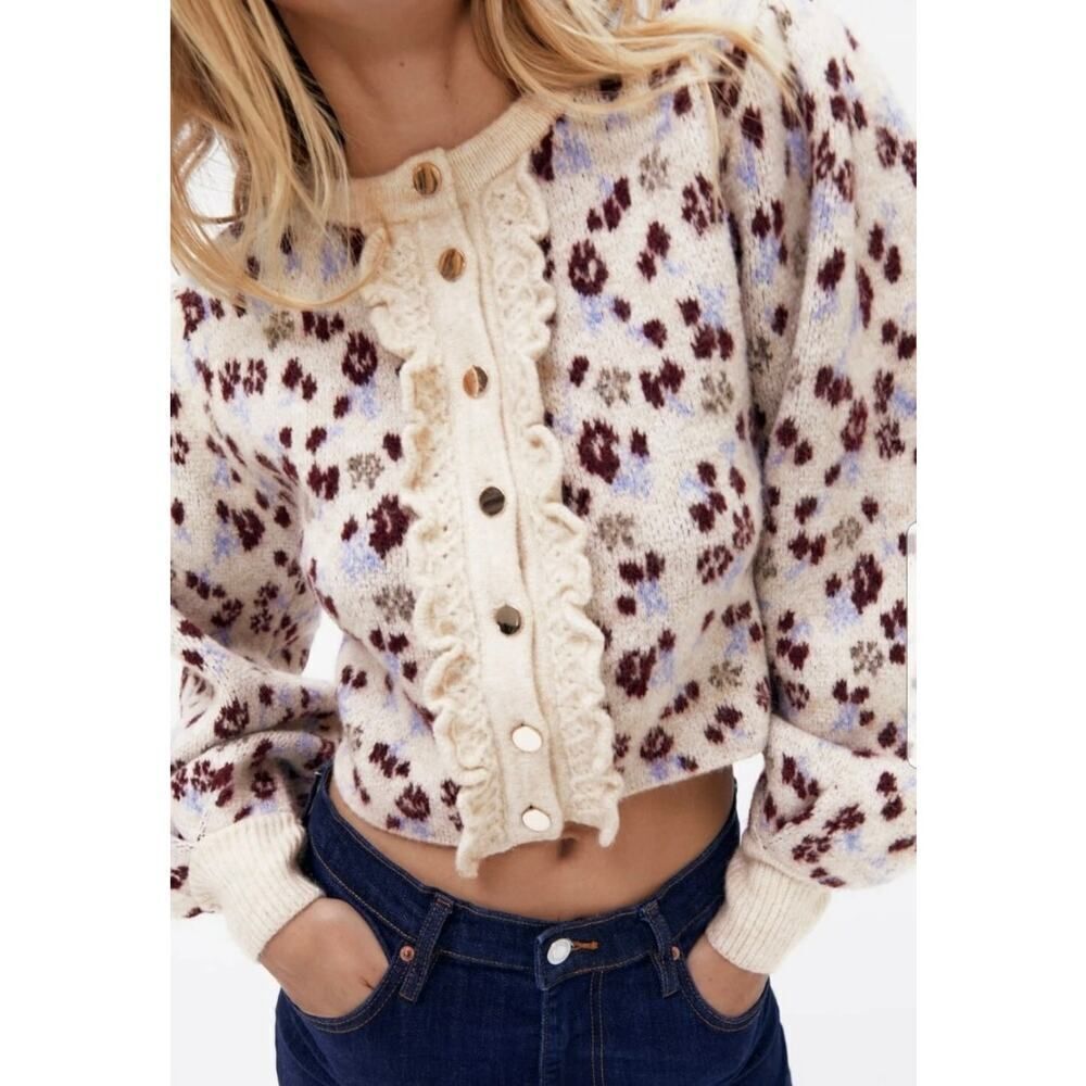 Zara New Woman Ruffle Front Puff Sleeve Floral Cardigan Sweater Small